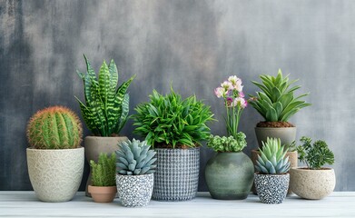 a row of potted plants sitting on top of a wooden table, houseplants, tropical houseplants, potted plants, house plants, pots with plants, with cactus plants in the room, plants on pots and on the wal