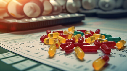 Vibrant Assortment of Red Capsules, Yellow Softgels, and Green Tablets on Doctor's Table - Health and Medicine Concept.