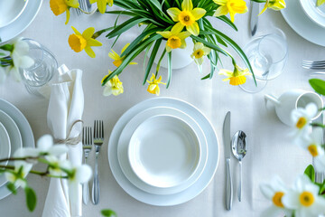 table setting. Plates and cutlery with spring flowers daffodils on a light table - Powered by Adobe