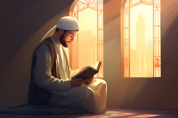 Muslim Man Reciting Quran During the Peaceful Moments of Ramadan. Generative AI