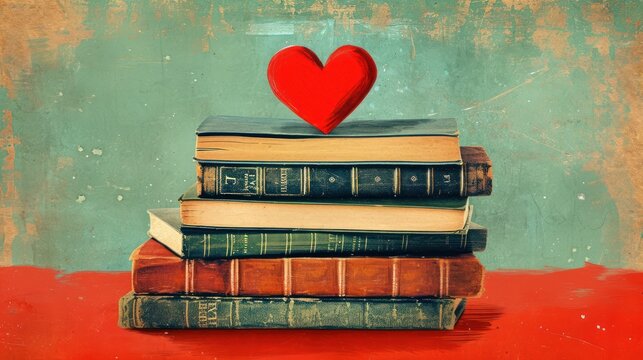  a painting of a stack of books with a red heart on top of one of the books on the other.