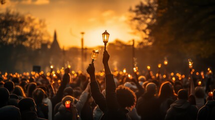 Crowd of people holding burning torches during a religious ceremony at sunset - Powered by Adobe
