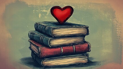  a drawing of a stack of books with a red heart on top of one of the book's covers.