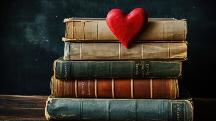  a stack of books with a red heart on top of one of the books is stacked on top of each other.