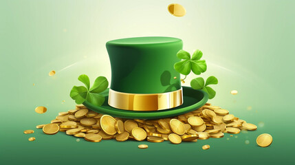 stockphoto, vector illustration, Banner with shiny green hat, gold coins and clover leaves. Beautiful mockup for Saint Patrick’s day. Design for greeting card, invitation, poster.