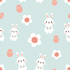 Seamless pattern with bunny rabbit cartoons, Easter eggs and daisy flower cartoons on green background vector illustration.