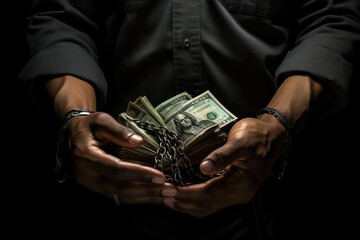 Hands of a man in handcuffs with money on black background