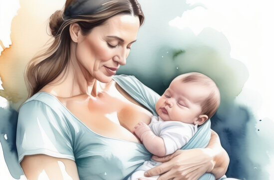 attractive middle aged woman holding newborn near breast. mother hugging baby. motherhood concept.