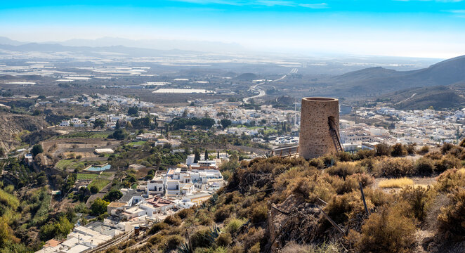 Views of Nijar town and Atalaya tower, Cabo de Gata, Spain