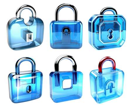 Set of blue digital padlock icons, cut out. Protect and security concept