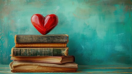 a painting of a stack of books with a red heart sitting on top of one of it's books. - obrazy, fototapety, plakaty