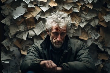 Fototapeta premium Old man with gray hair and beard in a jacket sitting on the floor with piles of papers