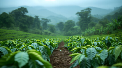 Fototapeta na wymiar Young Coffee Plantation Flourishes in the Foothills of Cameroon's Misty Mountains.