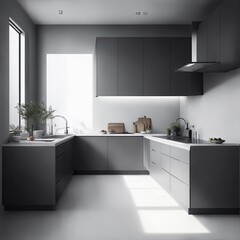 Minimal kitchen with gray cabinets and window, interior design
