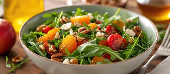 Eastern Mediterranean's traditional cheese, nuts, fruits, and arugula in a warm salad.