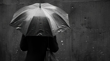  a black and white photo of a person holding an umbrella with rain drops all over the top of the umbrella.