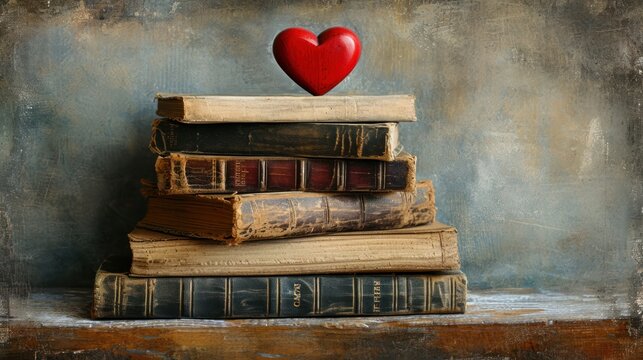  a painting of a stack of books with a red heart on top of one of the books on the other.