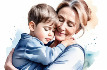 happy grandmother hugging boy. smiling woman holding little baby on her hands. family bonds.