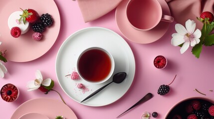  a white plate topped with a cup of tea next to a bowl of raspberries and a bowl of blackberries.