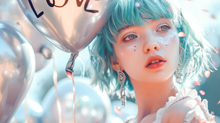 A young hipster girl with blue hair and bright makeup holds balloon with text Love, symbol of love,...