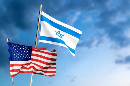 American flag and Israel flag waving in blue sky