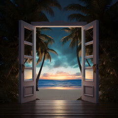 Beautiful view of the beach through the door. Sea and palm trees. Summer vacation concept.
