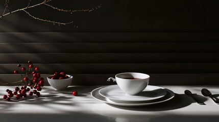  a table topped with a cup of coffee next to a plate and a vase filled with berries on top of a table.