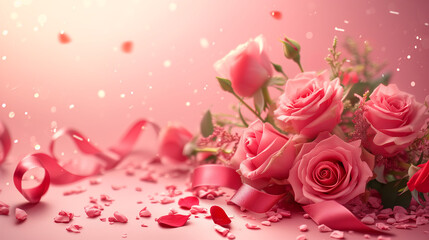 Bouquet of pink roses on a pink background. Valentine's Day