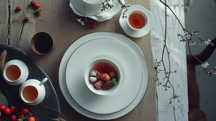  a bowl of strawberries sits on a plate next to a cup of tea and a plate of strawberries.