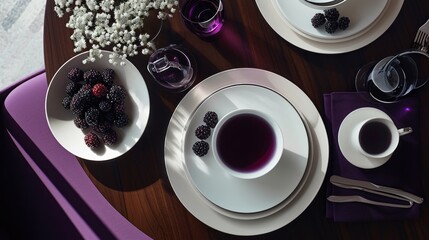  a close up of a plate of food on a table with a bowl of berries and a cup of coffee.
