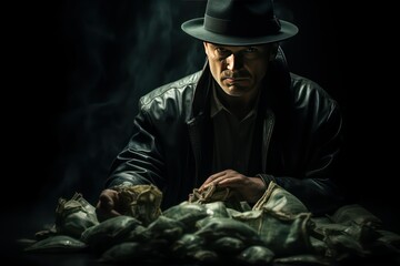 Fototapeta premium Gangster in a black leather jacket and hat sitting on a pile of money