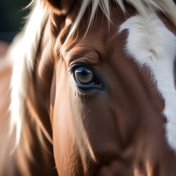 A photograph of a close-up on the piercing eyes of a horse. ai generative