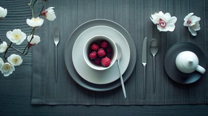  a bowl of raspberries sits on a plate next to a cup of tea and a plate of flowers.
