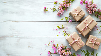 Gift boxes with pink flowers on white wooden background. Flat lay, top view.