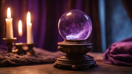 crystal ball on a table  A mystical and ancient crystal ball with a carved wooden stand, a purple cloth, and a candle.   - obrazy, fototapety, plakaty