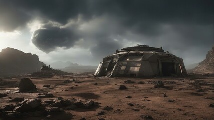 abandoned building in the desert  A futuristic wasteland where the sun is blocked by a thick layer of clouds and the air is toxic.   - obrazy, fototapety, plakaty