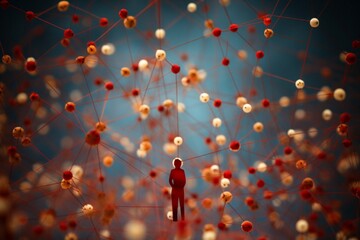 Businessman standing in front of a network of red spheres on blue background