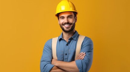 Young architect wearing builder safety helmet over isolated pastel background happy face smiling with crossed arms	
