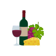 a glass glass and a bottle of wine cheese and grapes