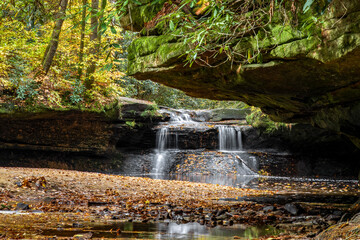 Creation Falls, a waterfall in the Red River Gorge region of Kentucky, cascading over a rocks covered with colorful autumn leaves, is viewed downstream from under an overhanging rock ledge. - 712584971