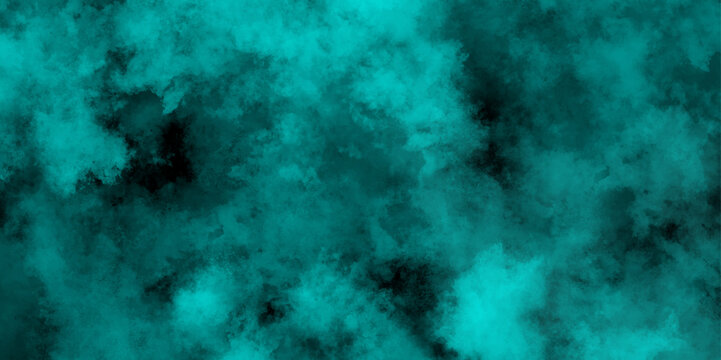 Abstract grainy and empty smooth grunge texture watercolor paper background. Defocused Lights and Dust Particles with soft blue clouds on dark background. Teal design element cumulus cloud.