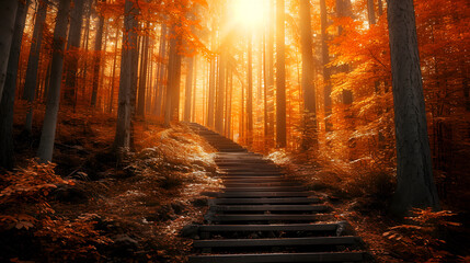 Autumn's stairway to serenity: golden light filtering through a forest of fire
