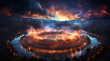 Aerial view of a modern soccer stadium with colorful fireworks lighting up the stadium and the city around it at night.