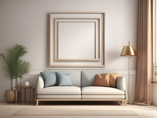 An empty frame designed for square-shaped artwork is showcased as a visual representation on a wall in an interior design setting. 3D Rendering