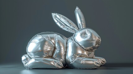  a silver foil bunny sitting on top of a white floor next to a gray wall and a black wall behind it.