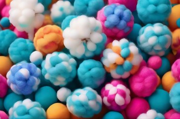 A colorful cotton ball pattern, with each ball featuring a different vibrant hue, creating a cheerful and lively background