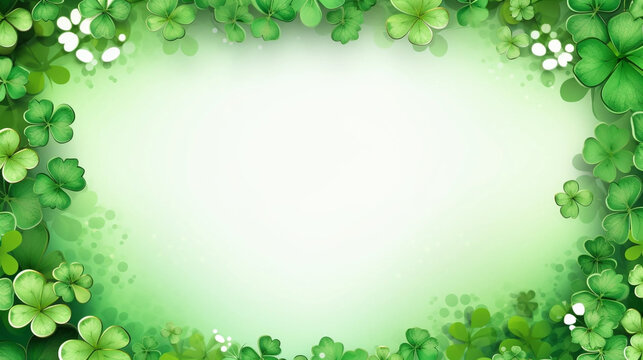copy space, Happy Saint Patrick's day green frame, leprechaun cartoon, shamrocks clover background. Beautiful mockup for Saint Patrick’s day. Design for greeting card, invitation, poster.