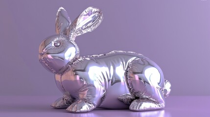 Fototapeta na wymiar a shiny silver rabbit statue sitting on top of a purple table next to a purple wall and a purple wall behind it.