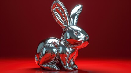  a shiny silver rabbit sitting on top of a red floor next to a shiny red floor and a red wall.