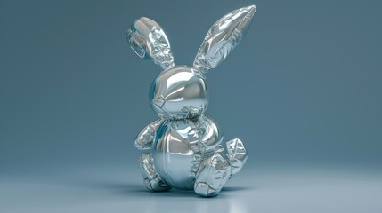  a glass rabbit sitting on top of a blue floor next to a gray wall and a gray wall behind it.